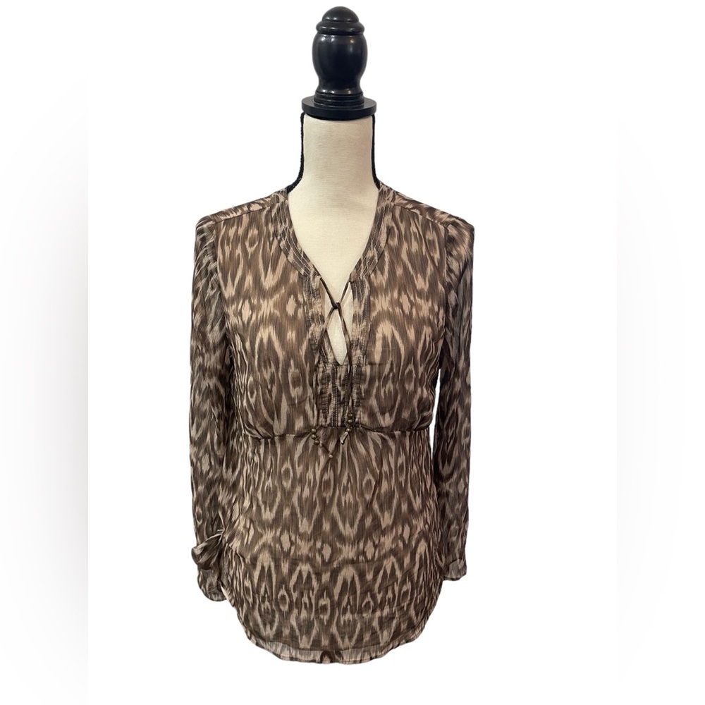 Ann Taylor LOFT Boho Ikat Print Blouse Top Brown Tan Long Sleeve V-Neck Size 12